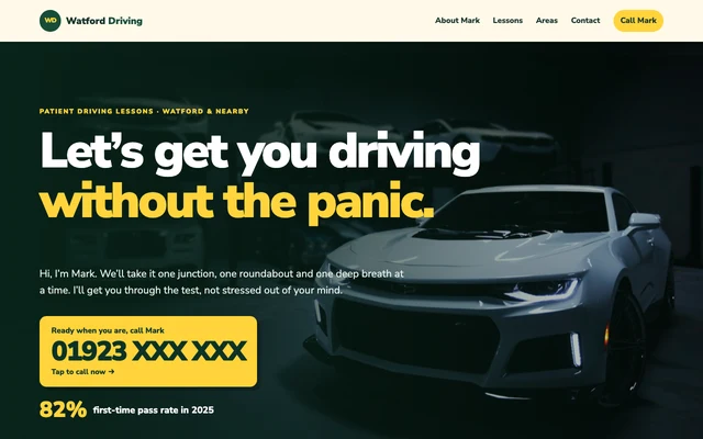 Homepage of Watford Driving School, with a call-first phone number