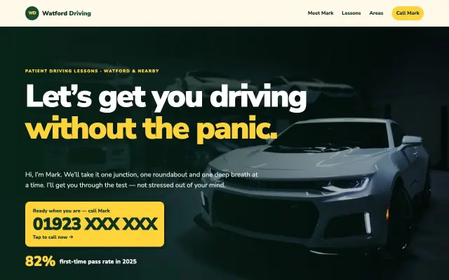 Homepage of Watford Driving School, with the call-first phone CTA