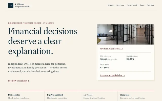 Homepage of St Albans Independent Advice, a regulated professional's two-column site