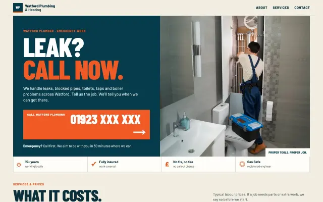 Homepage of Watford Plumbing & Heating, with the phone number as the dominant CTA