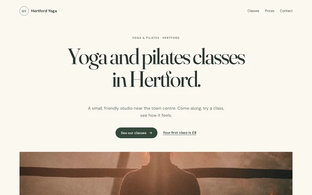 Homepage of Hertford Yoga & Pilates, a warm single-page site